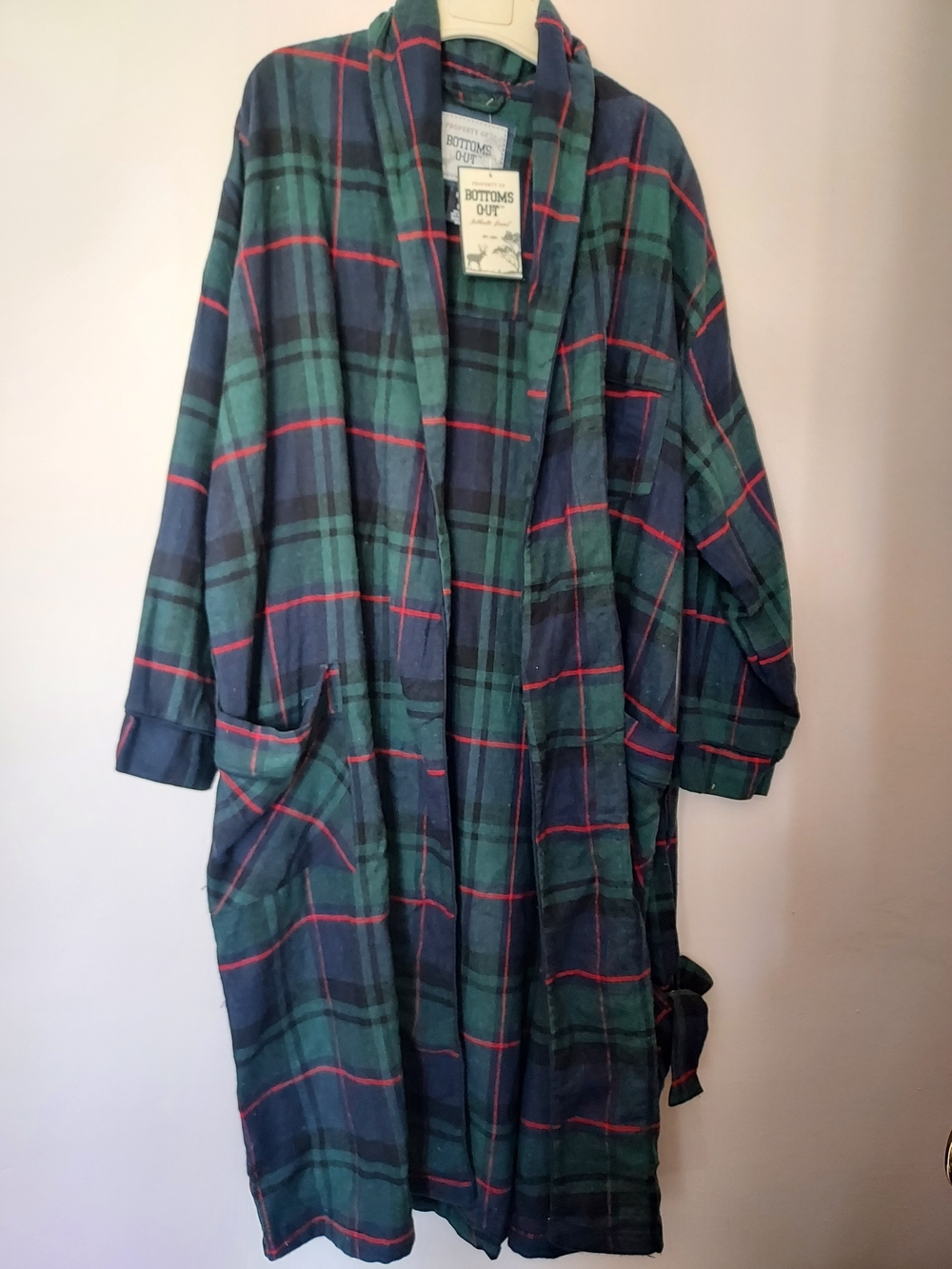 Bottoms Out Unisex Green & Navy Plaid Robe with Red Trim S/M Fall Winter Cozy